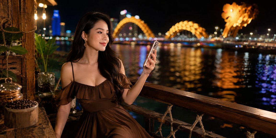 Người chơi mở live casino trên điện thoại tại quán cà phê Đà Nẵng ban đêm